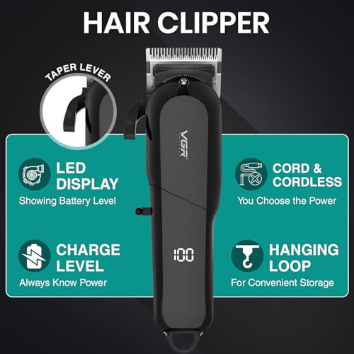 VGR VL-118 Limited Edition Professional Corded & Cordless Hair Clipper | LED Display | 6 Length Settings | 200 min Runtime | Ultra-Sharp Blades | 2000mAh Battery | Salon-Grade Grooming (Black)