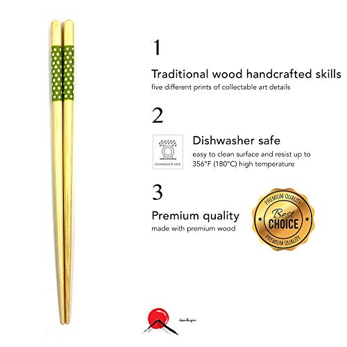 Japanbargain, Bamboo Chopsticks Reusable Japanese Chinese Korean Wood Chop Sticks Hair Sticks 5 Pair Gift Set Dishwasher Safe, 9 Inch (1, Ivory-Dot) #TOP1