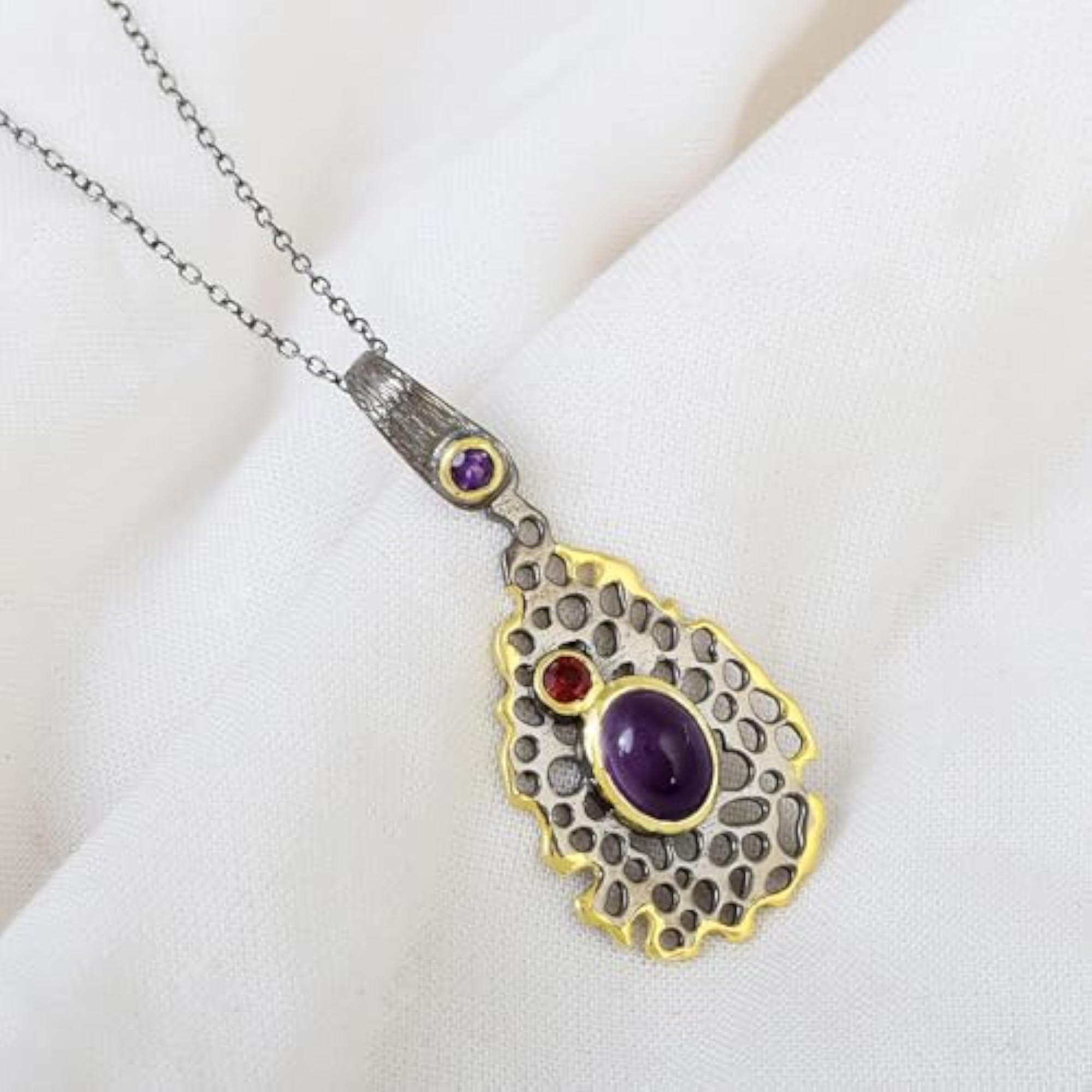 Women's Ethnic Amethyst & Garnet 925 Sterling Silver Boho Pendant Necklace