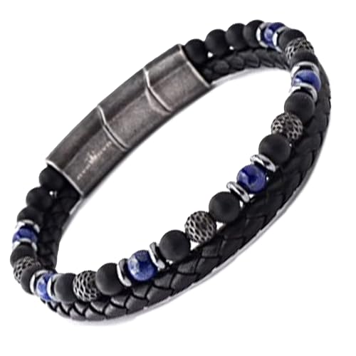 Men’s Leather Bracelet Stack with Textured Stainless Steel Beads, Hematite, Black Onyx, and Genuine Braided Leather | Durable Wristband for Men’s Bohemian Street Style in Black or Brown