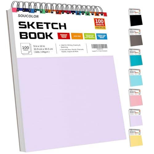 Image of Soucolor 9x12 Sketch Book,100 Sheets Drawing Paper,Sketchbook for Teen Girl | Top Spiral Bound 68lb acid-free paper, Micro-perforated pages,Lay-flat top spiral ,Great for pencils, Pens & All dry media