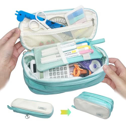 Image of Pencil Case Large Capacity Pouch Bag with Zippers, Expandable Pen Bag Storage Holds 50-100 Pencils, Colors Pencil Box Organizer Case Office School Supplies for Girls Boys Adults(Blue)