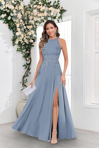 Chiffon Lace Mother of The Bride Dresses for Women Sequin Applique A Line Halter Formal Wedding Guest Dress3