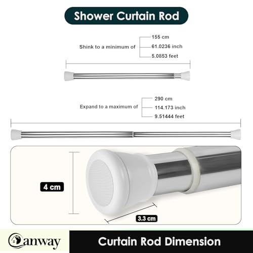 Image of Canway (155-290 CM) Adjustable Curtain Rod Without Drilling White-Silver | Bathroom & Shower Curtain Rod | Heavy Duty Tension Curtain Rod for Bathroom, Window & Kitchen