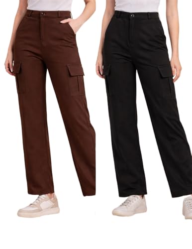 Image of Women's Cargo Pants High Waisted Baggy Wide Leg Cargo Trousers Casual Loose Fit 4 Pocket Utility Streetwear Fashion Work Bottoms, White Black Pink Lavender Beige Brown
