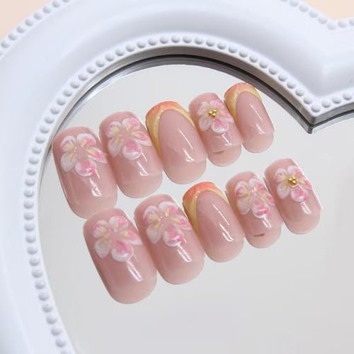 Image of Floral Press on Nails French Tip Fake Nails with Pink Ombre Design 5D Stripe False Nails Medium Square Glue on Nails Spring Nail Acrylic Full Cover Glossy Stick on Nails for Women Manicure 24Pcs