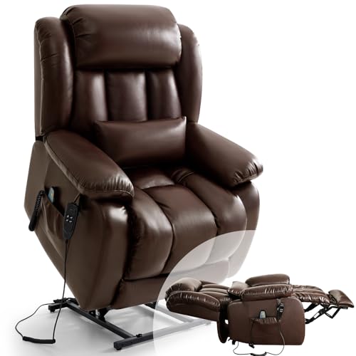 Infinite Position Lay Flat Lift Recliner Chair for Adults, Dual Motor Power Lift Chair for Elderly with Massage & Heating, Extended Footrest, USB Ports, Remote Control & Lumbar Pillow, Leather (Brown)