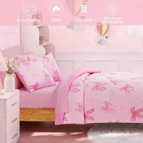 Image of Queen Comforter Set for Girls Blush Pink Bow 7 Pieces Bed in a Bag