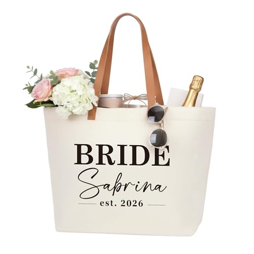 Image of ELEGANTPARK Personalized Bride Tote Bag with Zipper - Custom Engagement Gift for Bride to Be - Large Canvas Wedding Planning Bag - Bachelorette Party & Honeymoon Beach Tote - Bridal Shower Keepsake