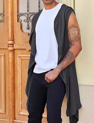 Men's Hooded Cardigan Ruffle Shawl Collar Open Front Lightweight Knit Drape Cloak2