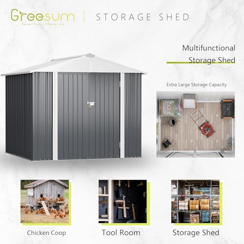 Image of Greesum 8x6FT Outdoor Storage Shed, Utility Tool Shed with Sloping Roof, Metal Storaged Garden Shed with Door & Lock for Patio Storage, Gray