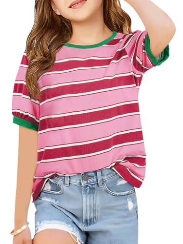Image of Haloumoning Girls Striped Short Sleeve T Shirts Kids Summer Casual Tops Crewneck Tees Blouses 5-14Y