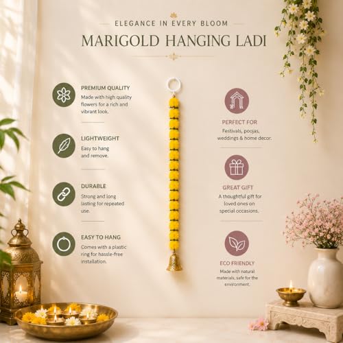 Image of Bindian Artificial Marigold Flower Toran 2.5 Ft Yellow with Leaf & Bells | Decorative Bandanwar for Diwali, Pooja, Wedding, Festival, Home Entrance & Wall Decoration (Pack of 10)
