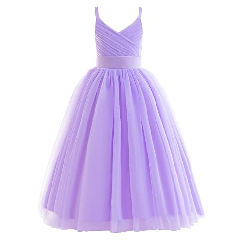 Image of Glamulice Flower Girls Spaghetti Strap Tulle Dress Long A Line Wedding Pageant Dresses Princess Birthday Party Ball Gown