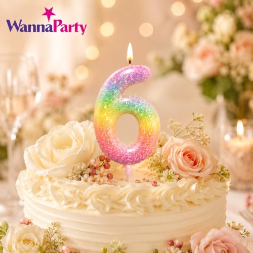 Image of Wanna Party Glitter Colorful 6th Birthday Candle, Number 6 Cake Candle Cake Toppers for Girl Women, Glitter Colorful Themed Party Decorations Supplies Birthday Gifts