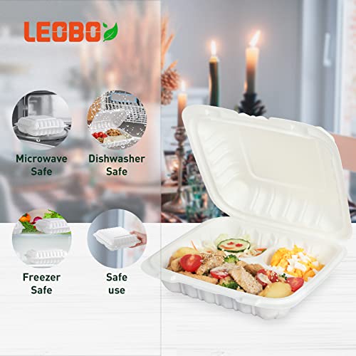 LEOBOX Takeout Container Mineral Filled PP Plastic - 55 Pack 8 Inch 34oz | Shrink Wrap BPA Free Food Container | Freezer & Microwave Safe for Food Delivery | White 3 Compartment Disposable Lunch Boxes