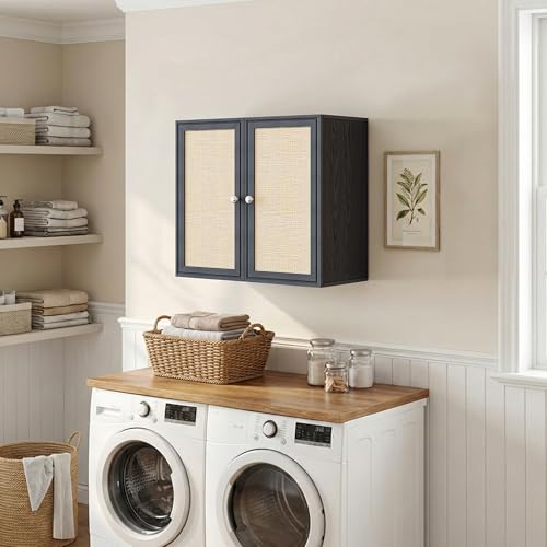 Image of Laundry Room Cabinets 24INCH Bathroom Cabinets Wall Mounted with Adjustable Shelves, Rattan Wall Cabinet for Bedroom, Kitchen, Bathroom, Black