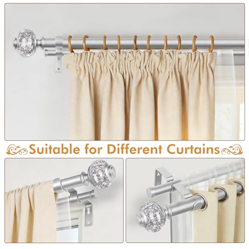 1 Inch Double Curtain Rods 72 to 144 Inches (6 to 12 ft), USFOOK Silver Drapery Rods for Windows, Telescoping Dual Curtain Rod with Translucent Finials, Decoration for Home