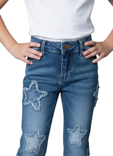 Image of Amazon Brand - Jam & Honey Girls Cotton Rich Lightweight Breathable Mid Rise Jeans | Stylish Star Design | Regular Fit | Age 2-13 Years
