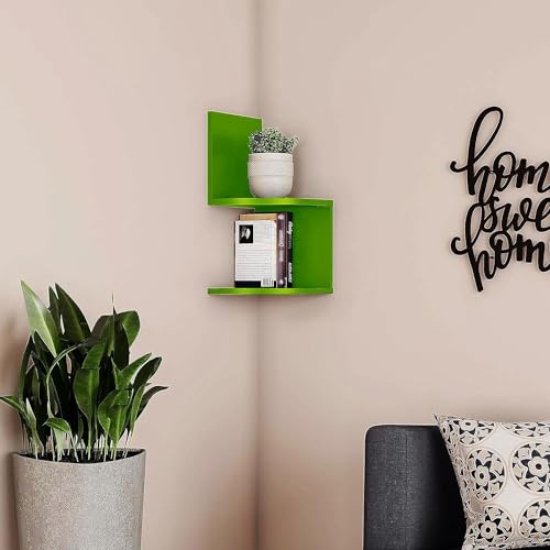 Image of Wall Mount Corner Shelves with Two Tiers for Wall Decoration and Storage Organiser Rack for Living Room, Bedroom, and Office Decor - Made of Wood (Green)