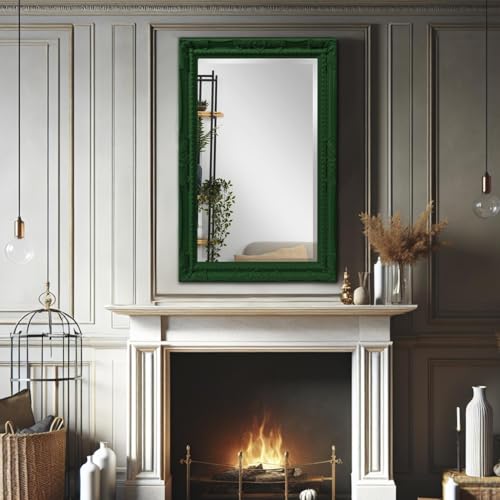 Image of Howard Elliott Collection Queen Ann Rectangular Glossy Hunter Green Wall Mirror, Rectangle Hanging Wood Framed Vanity Mirrors for Home Decor, Living Room, Bathroom, Bedroom, or Hallway, 24 x 36 Inch