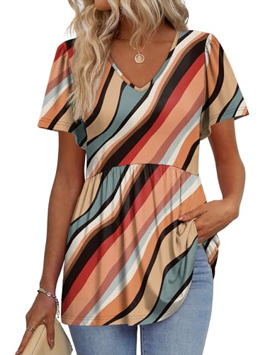 Image of OFEEFAN Womens Summer Tops Babydoll Short Sleeve Shirts Puff Sleeve Peplum Tops V Neck T Shirts