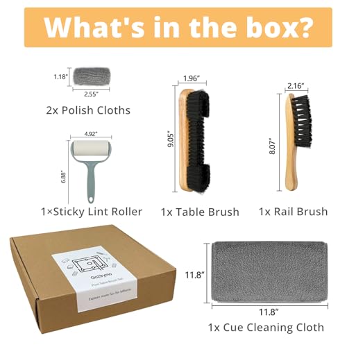 Go2trymo Pool Table & Rail Brush 5 Set, Billiard Pool Table Felt Cleaner Accessories with 2 Wooden Pool Table Brushes, Cue Cleaning Cloth, Ferrule Polish Cloth & Sticky Lint Roller