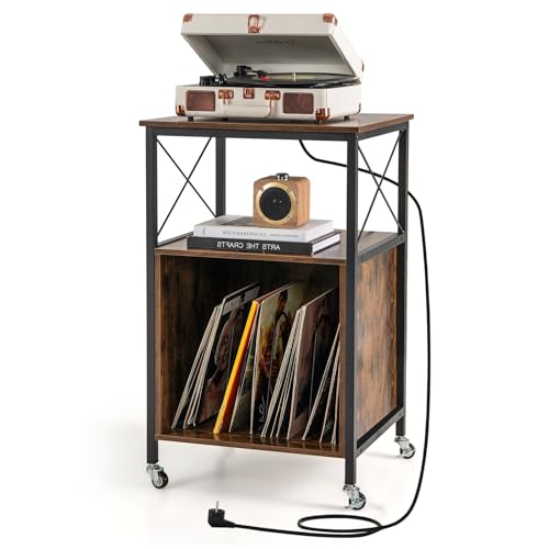 GOPLUS Meuble Platine Vinyle avec Station de Charge Intégrée, 2 Prises AC, 1 USB, et 1 Type-C, Support pour Tourne-Disque, 2 Roues Verrouillables, Style Industriel pour Vinyles et CD, 50x45x82cm