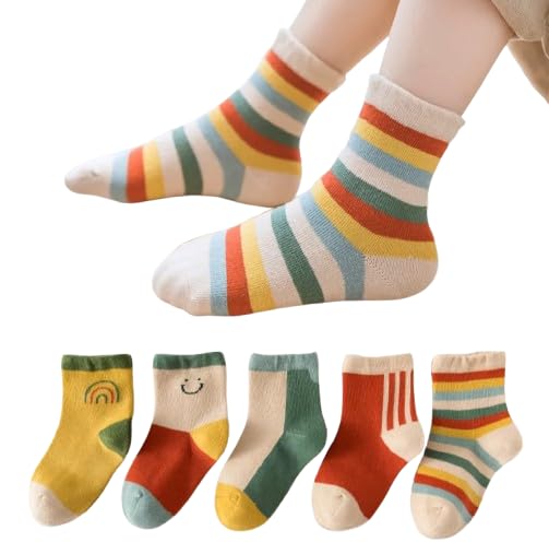 Image of Kids Cotton Blend Ankle Socks, Rainbow Stripes and Patterns, Pack of 5 Pairs, Multicolour