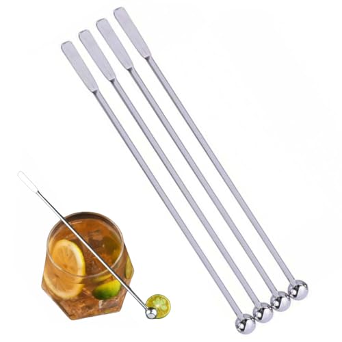 4 mescolatori in acciaio inox per cocktail, bevande, swizzle stick, agitatori per bevande, in metallo, con piccole palette rettangolari, bastoncini per mescolare caffè, bar, cioccolato, latte, argento