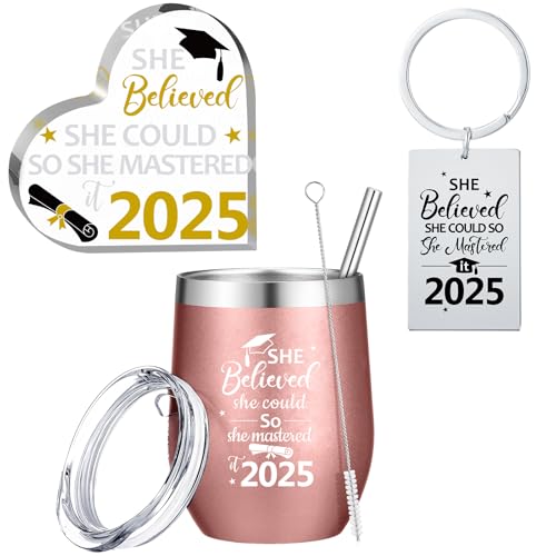 3 Pcs Masters Graduation Gift Set She Believed She Could So Mastered It 2025 Insulated Tumbler 12 oz Acrylic Heart Decor Keychain Graduation Master Degree Christmas Gift for Women(Master)