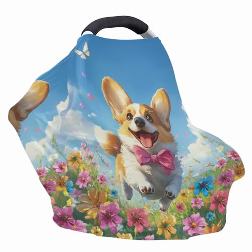 Image of Nursing Breastfeeding Cover Infant Stroller Canopy Blanket Cute Corgi, Shopping Cart Cover for Baby Car Seat Cover Canopy Easy to Install