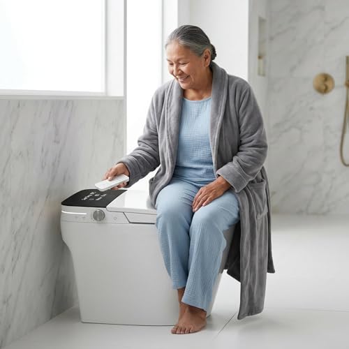 Inodoro inteligente con bidet, activación por sensor de pie, asiento calefactable, agua tibia, secado por aire, lavado femenino, luz nocturna LED, contenedor de agua para baja presión, cubierta blanca con luz LED negra miniatura 7