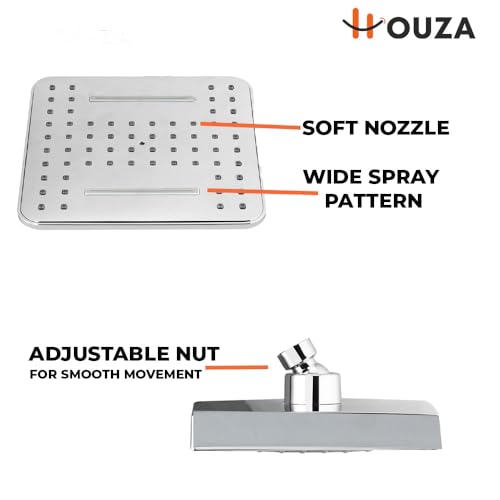 Image of HOUZA Square Shower Head for Bathroom | 4 Inch Single Flow Overhead Shower with Arm | Slim Adjustable Bathroom Shower with Even Water Flow & Rust Resistant | Anti-Clog Silicone Nozzles