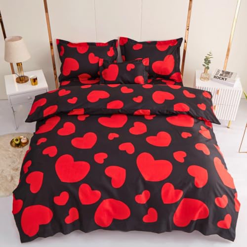 KUMY Juego de Funda Nórdica 5 Piezas: Funda nórdica,2 Fundas de Almohada, Funda de Cojín y Sábana Bajera- Estilo y Comodidad Total (Cama 90x190/200 + 150x220 + 2*(50x70) + 30x50, Corazón)