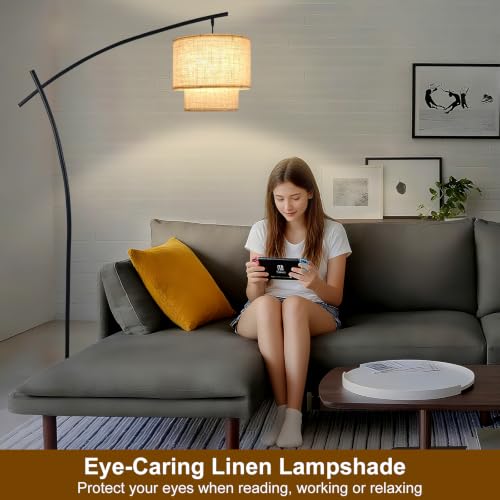 Image of Lightdot Arc Floor Lamp Modern Dimmable Standing Lamp for Living Room,Black | 70in 3000K Arched Floor Lamp with Rotary Dimmer, Double Fabric Lampshade, Marble Base for Home Lighting(T45 Bulb Included)