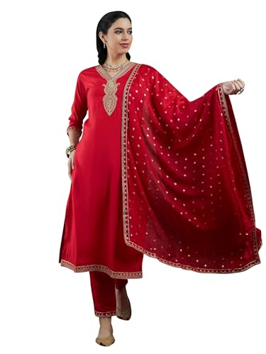 Image of INDO ERA Women's Straight Embroidered Kurta & Pant with Dupatta Set (KH9RD7924)