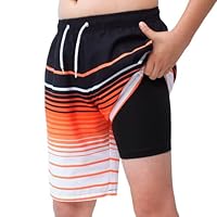 MEILONGER Short de bain 2 en 1 pour garçon - Séchage rapide - Short de bain avec compression - Slip intérieur - Cordon de serrage réglable, 21001 + orange, 140