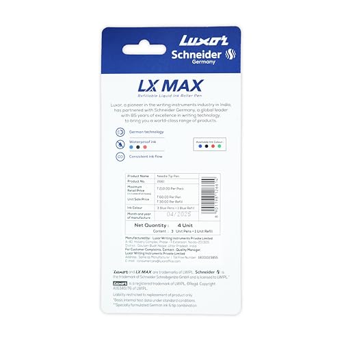 Image of Luxor Schneider LX MAX Needle Tip Pen for Students and Office Use | Pack of 3 Blue + 1 Refill | Comfortable Grip, Ideal for Daily Writing