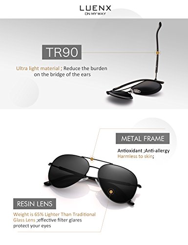 LUENX Aviator Sunglasses Mens Women Polarized Black Lens Black Metal Frame Dark 60mm with Case - UV400