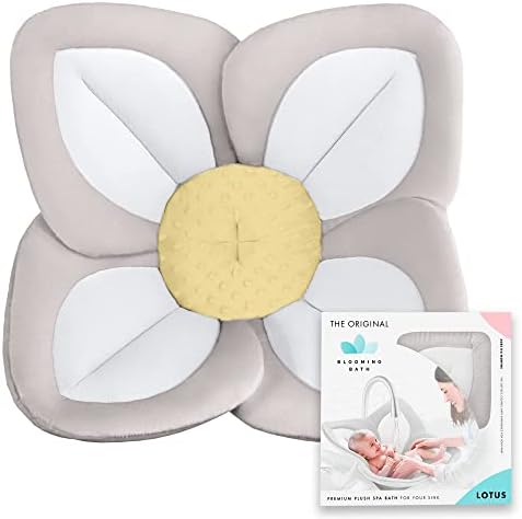 Blooming Bath Lotus Bath Pad - Plush Minky Baby Sink Bathtub Cushion - The Original Washer-Safe Flower Seat for Newborns - Gray/White/Yellow