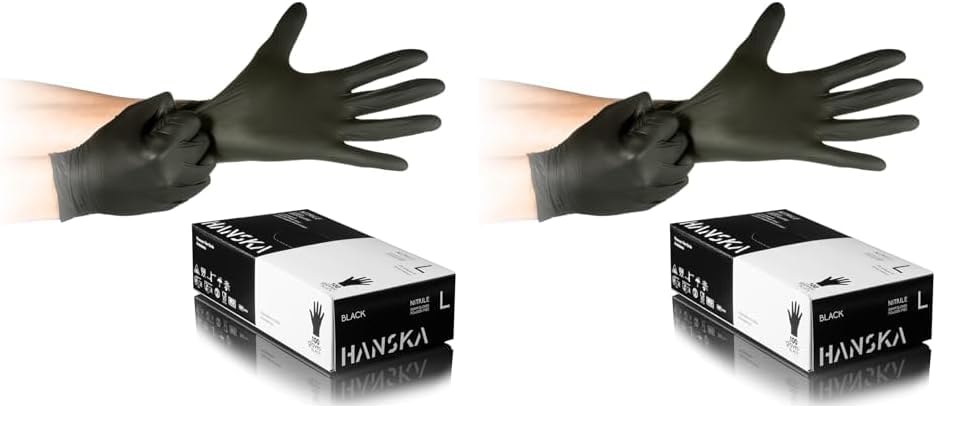 HANSKA Guantes desechables de nitrilo negros – Sin polvo – Desechar– Ambidextros – No estériles – Base de goma – Apto para ámbitos médicos, manipulación de alimentos (100, L) (Paquete de 2)