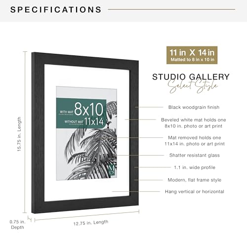 MCS Studio Gallery 11x14 Matted Photo Frame with 8x10 Picture Display, Black Woodgrain Vertical & Horizontal Wall Hanging Large Picture Frame for Photos & Art Prints (1-Pack)