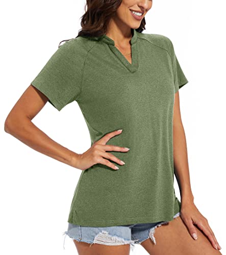 Magcomsen Athlectic T Shirts For Women Short Sleeve V Neck Polo Spf Shirts Moisture Wicking Lightweight Tennis Army Green L #TOP1