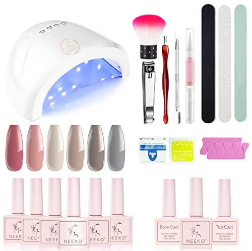 Neeko Starter Set mit Lampe 48W UV Lampe für Gelnägel Starterset, 6 Farben UV Gel Nagellack Set Pink Nude Gel Farben Für…