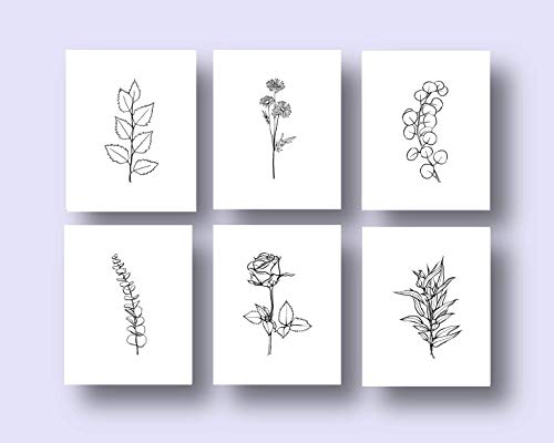 Ink Inc. Botanical Prints - Flowers and Leaves Herb Line Drawings Wall Art Minimalist Modern Black and White Home Decor - Set of 6-8x10 - Matte - Unframed