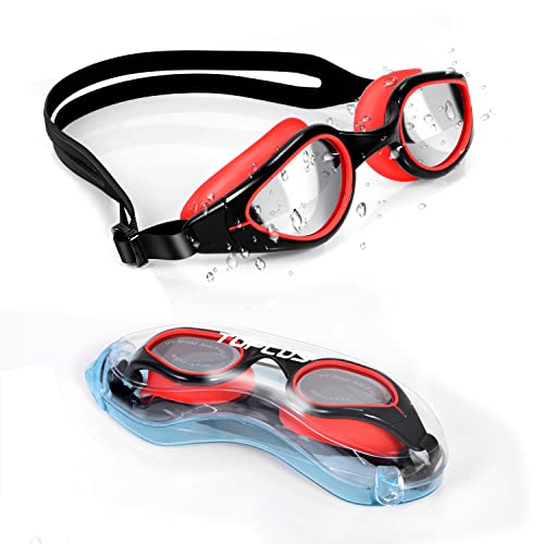 TOPLUS Lunettes de natation anti-fuite, anti-buée, protection UV, pont de nez en silicone souple pour hommes, femmes, juniors, enfants (noir et rouge) Cover