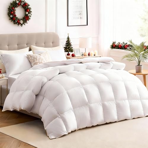 ACCURATEX Goose Down Comforter Queen Size Duvet Insert-750 Fill Power with Baffle Box Design, Ultra Warm & Fluffy Winter White Hotel Luxury Cloud Thick Comforter, 56 oz Fill Weight, 90''x90'