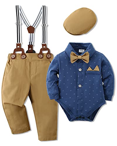 Image of WESIDOM Baby Boy Clothes 0-18M Newborn Infant Gentleman Outfit, Shirt+Bowtie+Beret+Suspender Pant Baby boy Suit Clothing Set
