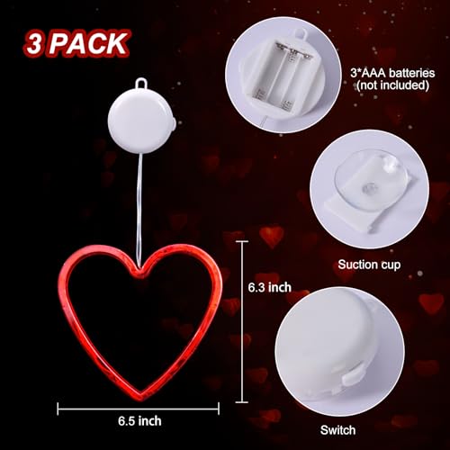 3 Pack Valentines Day Window Lights Decorations with Timer, Battery Powered Hanging Red Lighted Heart Shaped Silhouette Sucker LED Lamp for Fireplace Indoor Home Decor
